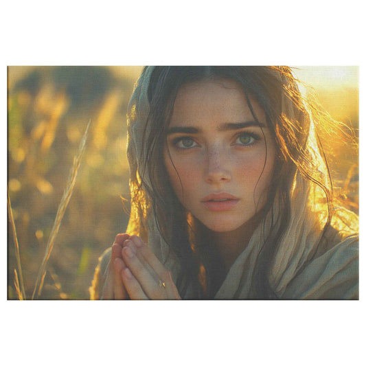 Tranquil Reflection Young Woman in Prayer Beneath Golden Sunlight Uplifting Christian Canvas Wall Art Decor