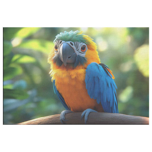 Vibrant Blue and Yellow Macaw Parrot in a Lush Green Paradise Christian Canvas Wall Art Decor