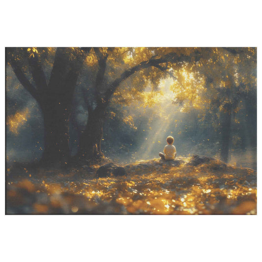 Whispers of Peace Child Praying Under a Tree in an Enchanted Golden Forest Christian Canvas Wall Art Decor