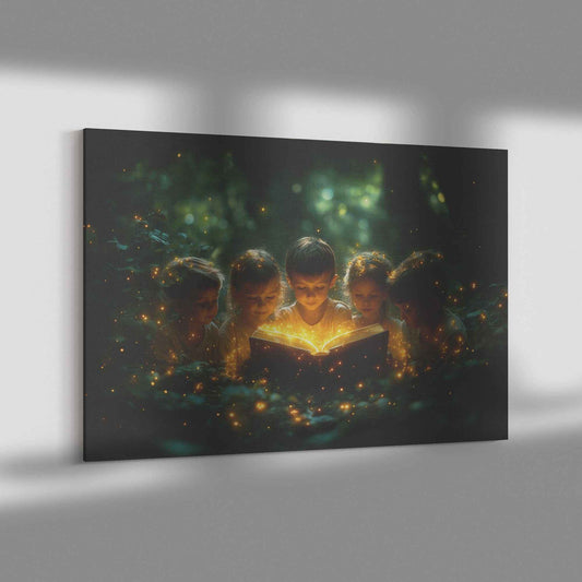 Whispers of Wonder Children Discovering the Ancient Book in a Magical Forest Christian Canvas Wall Art Decor