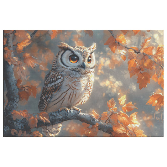 Wise Owl Perched on Autumn Tree Branch Golden Leaves and Warm Sunlight Canvas Wall Art Decor - Awakening Righteousness