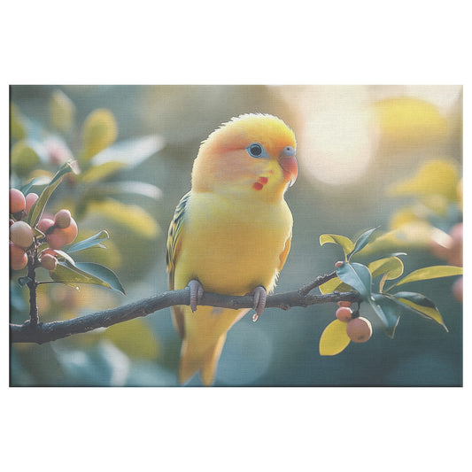 Yellow Parakeet Perched on an Apple Tree Branch with Lush Green Leaves and Red Berries Christian Canvas Wall Art Decor - Awakening Righteousness
