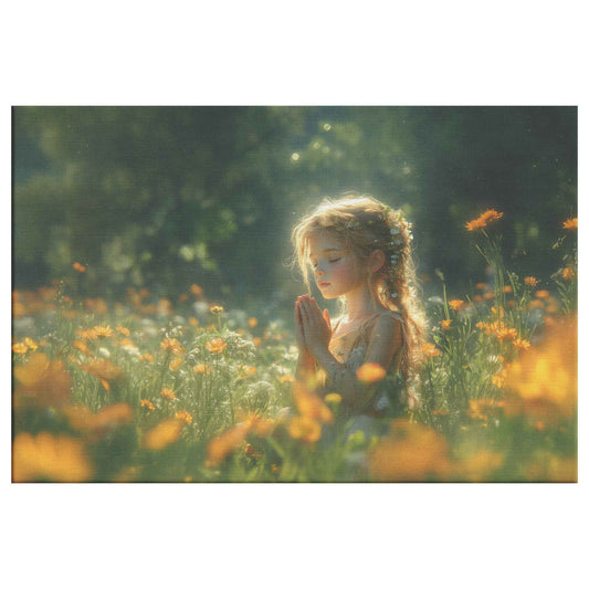 Young Girl’s Peaceful Prayer Amid Blooming Flowers and Sunlit Greenery Christian Canvas Wall Art Decor