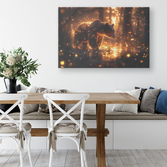 Black Bear in Glowing Bioluminescent Forest at Twilight Shimmering Plants Fireflies Canvas Wall Art Decor For Home - Awakening Righteousness