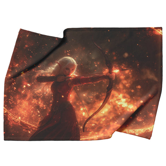 Blood Elf Hunter Fleece Sherpa Blanket Crimson Armor Glowing Bow Golden Textures Cosmic Highlights Majestic WoW Design - Awakening Righteousness