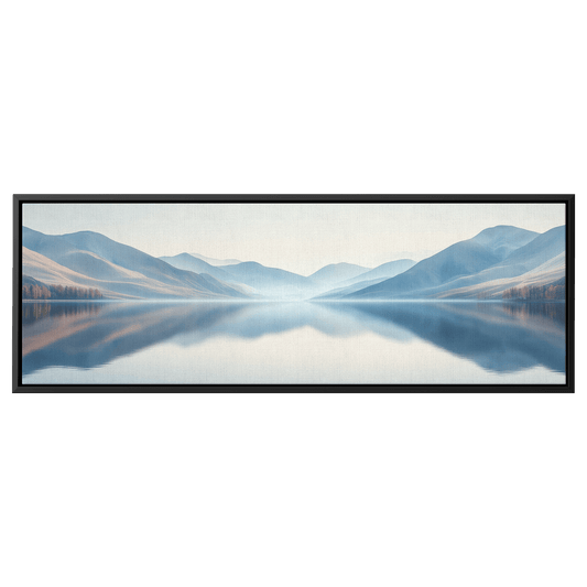 Calm Lake Scene Soft Beige Hills Muted Reflections Ultra High Definition Minimalist Elegance Panoramic Framed Canvas Wall Art - Awakening Righteousness