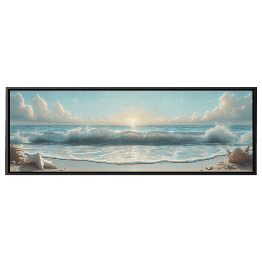 Coastal Illustration Rolling Waves Neutral Sandy Tones Soft Taupe Horizon Ultra High Definition Panoramic Framed Canvas Wall Art - Awakening Righteousness