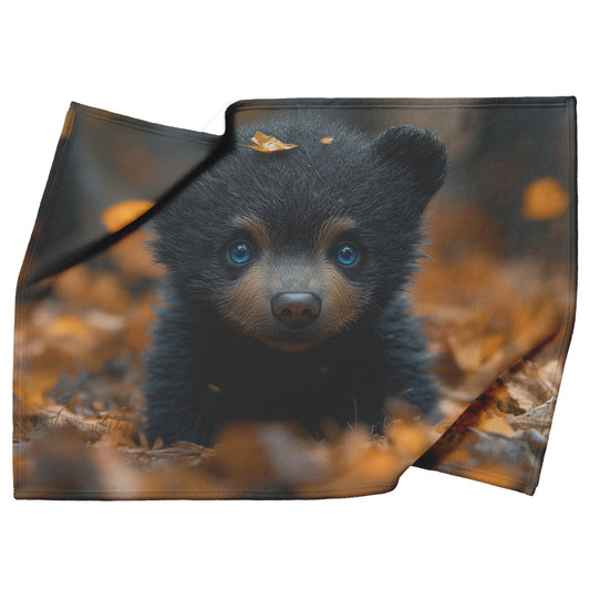 Cute Autumn Black Bear Cub with Blue Eyes Cozy Fleece Sherpa Blanket - Awakening Righteousness