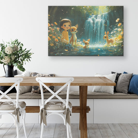 Cute Little Girl with Deer Waterfall Flowers Canvas Wall Art Decor - Awakening Righteousness