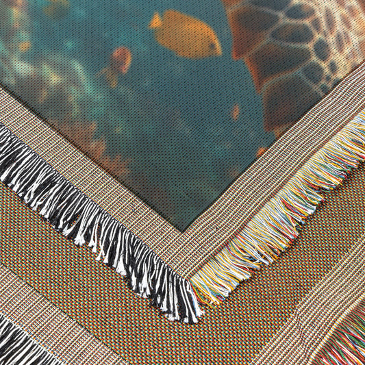 Giant Sea Turtle Swimming Near Glowing Coral Reef Woven Throw Blanket with Shimmering Fish and Golden Sunlight - Awakening Righteousness