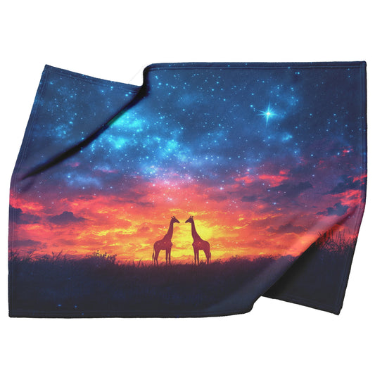 Giraffes Standing Gracefully Under Twilight Sky Filled with Stars Surrounded by Glowing Grasslands Sherpa Blanket - Awakening Righteousness