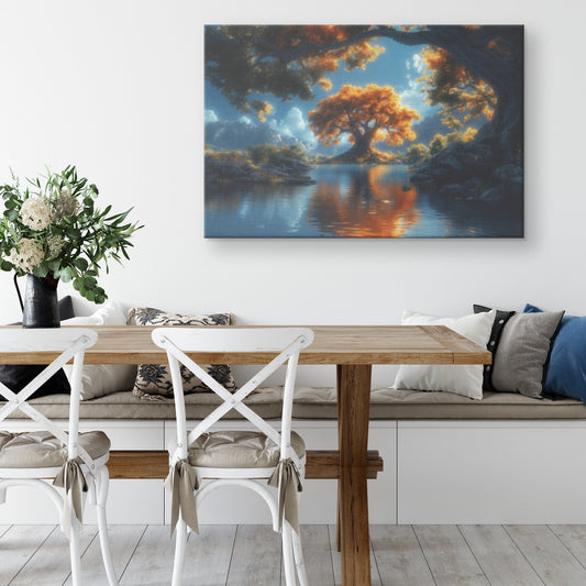 Golden Tree of Life by Serene Lake with Mountain View Canvas Wall Art Decor - Awakening Righteousness