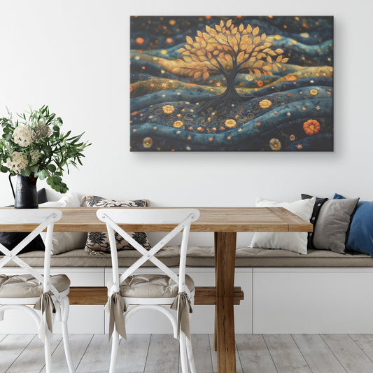 Golden Tree of Life Embroidered Christian Canvas Wall Art for Home Decor and Spiritual Inspiration - Awakening Righteousness