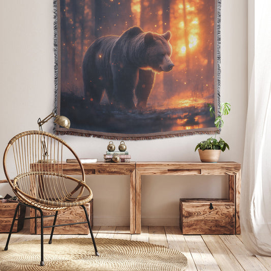 Grizzly Bear Standing in Glowing Forest Clearing Under Moonlight with Mist Rising Through Ancient Trees Woven Throw Blanket - Awakening Righteousness