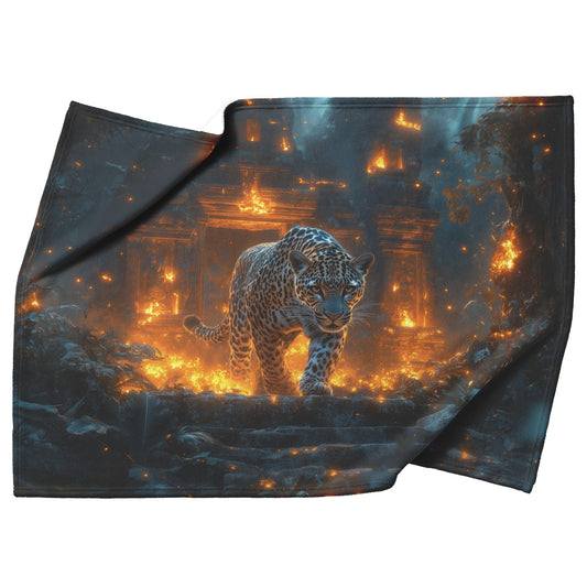 Leopard Walking Through Glowing Ancient Jungle Ruins Under Twilight Sky Fleece Sherpa Blanket Magical and Soft - Awakening Righteousness