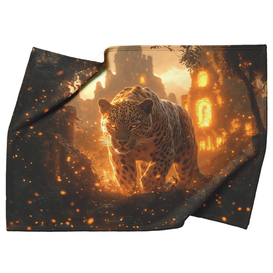 Leopard Walking Through Glowing Ancient Jungle Ruins Under Twilight Sky Fleece Sherpa Blanket Magical and Soft - Awakening Righteousness