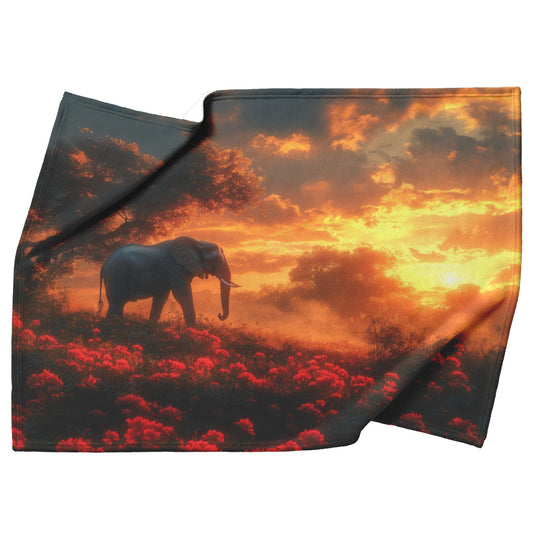 Lone Elephant Standing on Misty Hill Glowing Ancient Trees Soft Golden Morning Light Sherpa Fleece Blanket - Awakening Righteousness