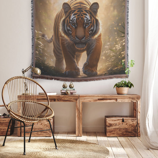 Majestic Bengal Tiger on Glowing Jungle Path with Mist Vibrant Green Plants and Golden Sunlight Woven Throw Blanket - Awakening Righteousness