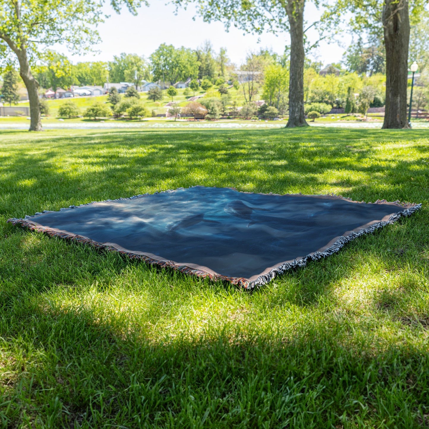 Majestic Whales in Sunlit Ocean Woven Throw Blanket - Awakening Righteousness