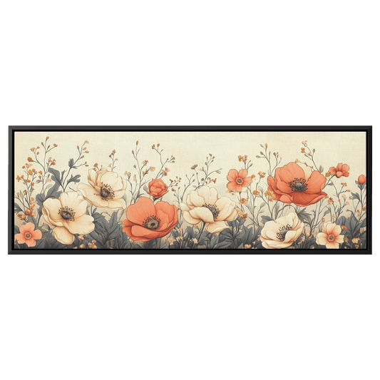 Minimalist Monochrome Line Art Garden Flowers Thin Clean Lines Warm Beige Background Ultra High Definition Elegant Design Panoramic Framed Canvas Wall Art - Awakening Righteousness