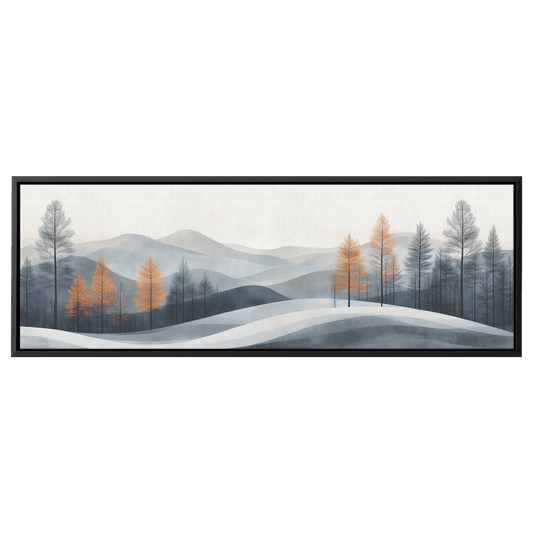 Minimalist Panoramic Nature Illustration Rolling Hills Sparse Tree Lines Soft Gray Taupe Ultra High Definition Panoramic Framed Canvas Wall Art - Awakening Righteousness