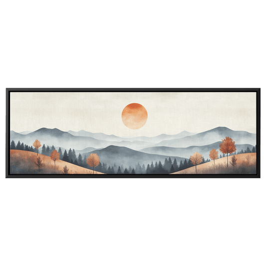 Muted Panoramic Illustration Gently Sloping Hills Sparse Tree Clusters Soft Brown Gray Tones Ultra High Definition Modern Minimalist Panoramic Framed Canvas Wall Art - Awakening Righteousness