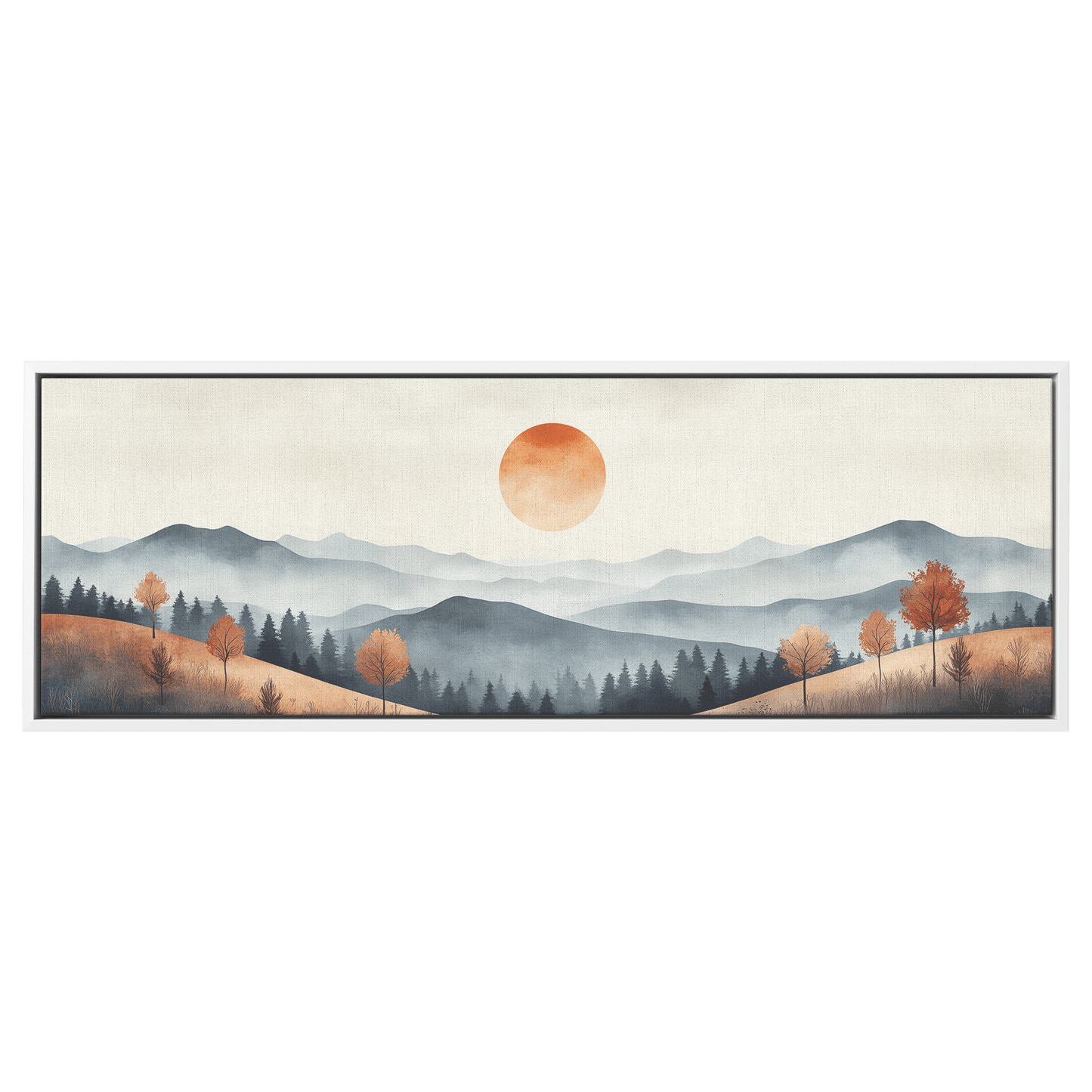 Muted Panoramic Illustration Gently Sloping Hills Sparse Tree Clusters Soft Brown Gray Tones Ultra High Definition Modern Minimalist Panoramic Framed Canvas Wall Art - Awakening Righteousness