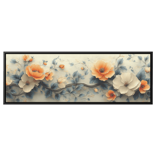 Retro Floral Pattern Abstract Blooms Vines Neutral Muted Beige Ochre Tones Ultra High Definition Elegant Simplicity Panoramic Framed Canvas Wall Art - Awakening Righteousness