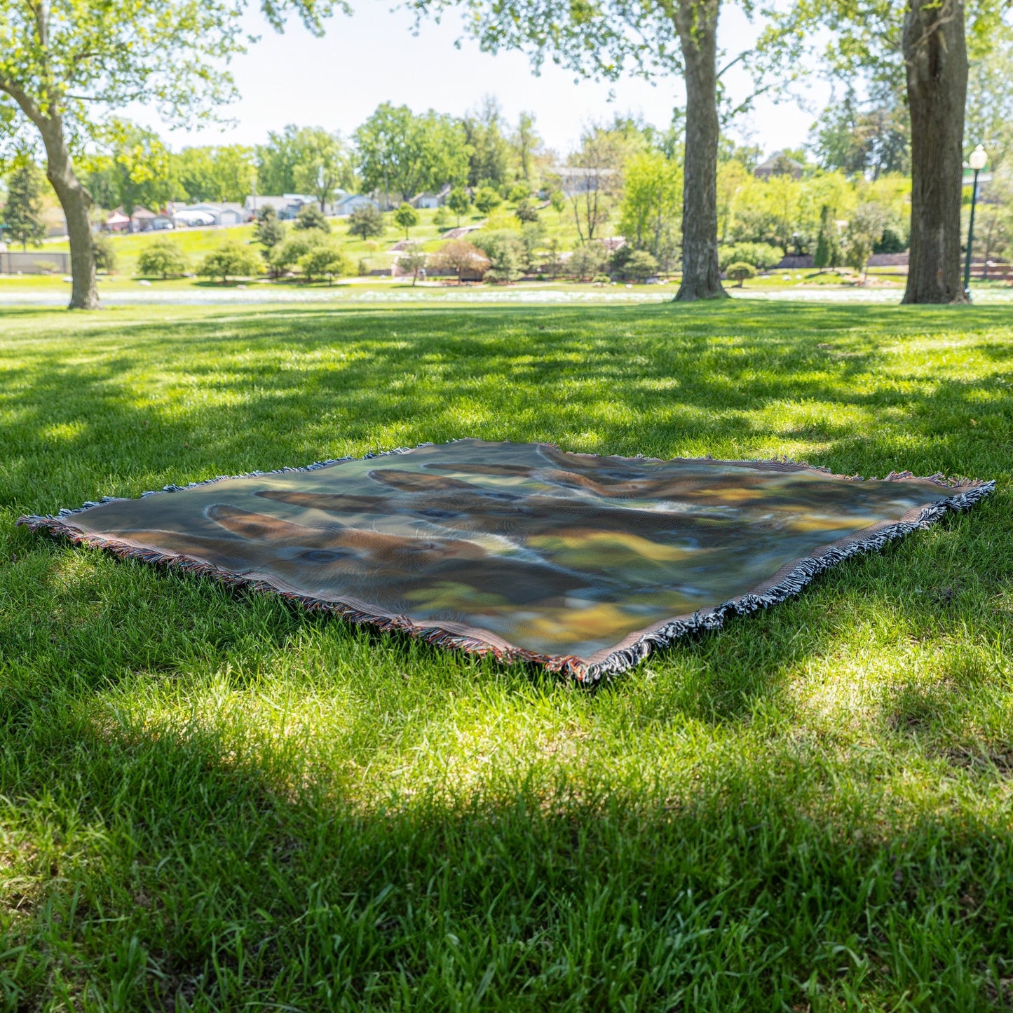 Three Adorable Bunnies with Blue Eyes Sitting in a Grassy Field with Yellow Flowers Cozy Woven Throw Blanket - Awakening Righteousness