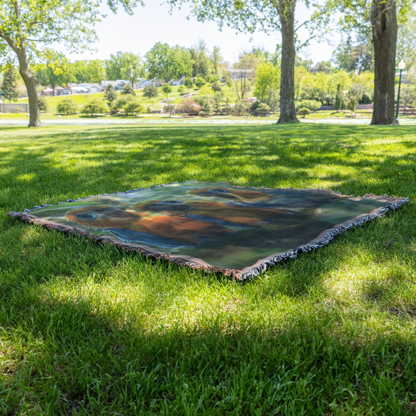 Three Colorful Parrots in Vibrant Jungle with Soft Sunlight Cozy Woven Throw Blanket - Awakening Righteousness
