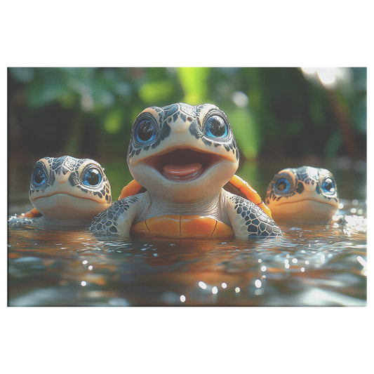 Three Cute Baby Turtles Playing in Jungle River Canvas Wall Art DĂŠcor - Awakening Righteousness