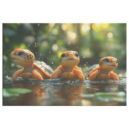 Three Cute Baby Turtles Playing in Water with Happy Expressions Canvas Wall Art DĂŠcor - Awakening Righteousness
