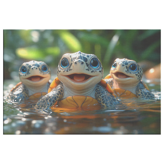 Three Cute joyful Baby Turtles Playing in Water Canvas Wall Art DĂŠcor - Awakening Righteousness
