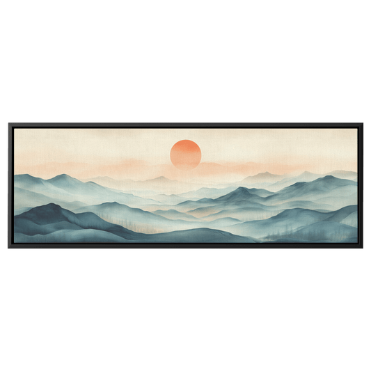 Tranquil Landscape Illustration Muted Hills Pale Sky Taupe Beige Ultra High Definition Modern Minimalist Panoramic Framed Canvas Wall Art - Awakening Righteousness