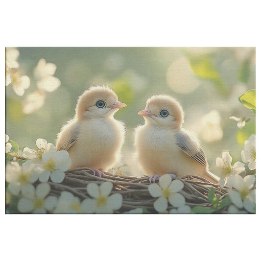 Two Cute Baby Yellow Birds in Nest Surrounded by Flowers Canvas Wall Art DĂŠcor - Awakening Righteousness