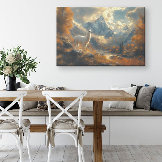 White Llama Standing Majestically in Misty Valley Surrounded by Snow Capped Peaks and Soft Golden Light Canvas Wall Art - Awakening Righteousness