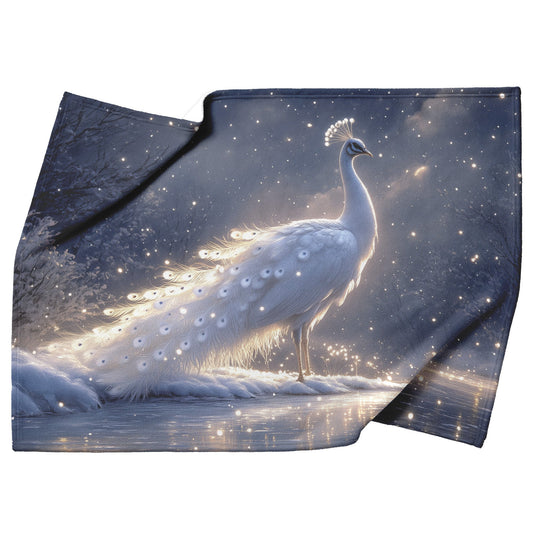 White Peacock in Snowy Landscape with Glowing Silver Feathers Under Soft Moonlight Fleece Sherpa Blanket - Awakening Righteousness