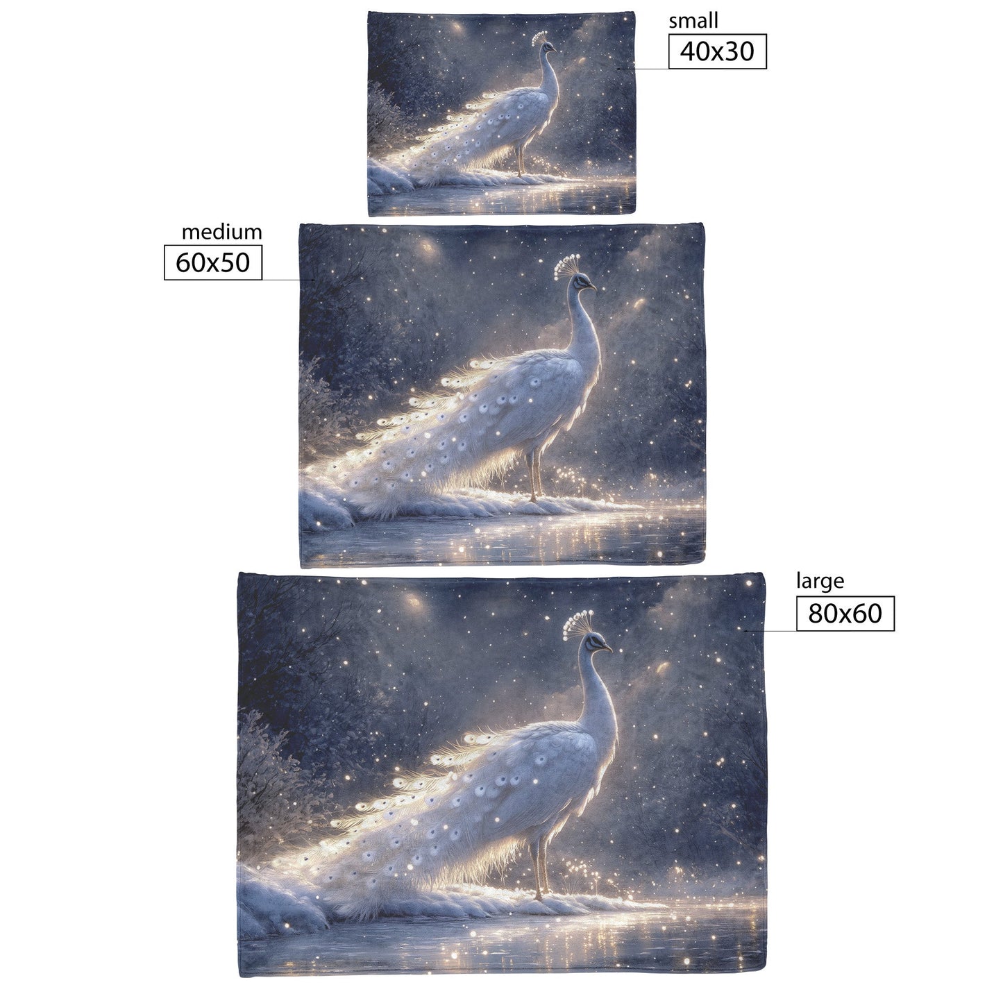 White Peacock in Snowy Landscape with Glowing Silver Feathers Under Soft Moonlight Fleece Sherpa Blanket - Awakening Righteousness