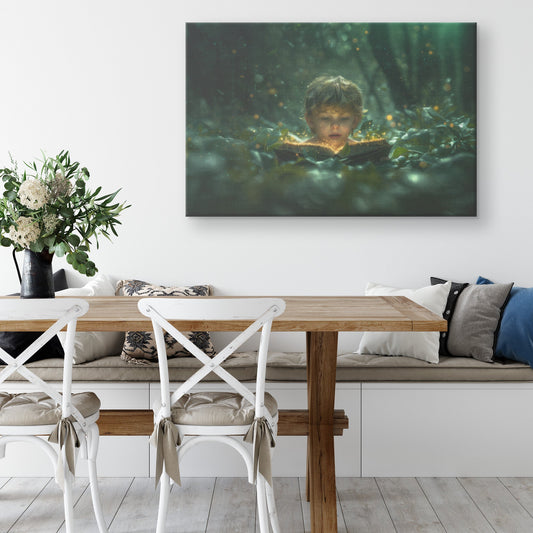 Young Boy Reading Glowing Bible Enchanted Forest Canvas Wall Art Decor - Awakening Righteousness
