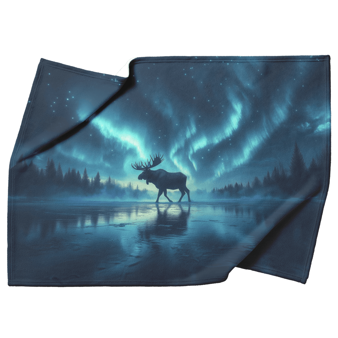 Moose Walking Across a Frozen Lake Under the Aurora Borealis Fleece Sherpa Blanket – Handmade Faith-Inspired Comfort