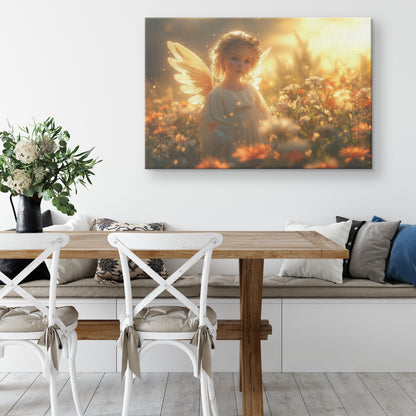 A Beautiful Angel in a Golden Sunlit Flower Field  Divine Grace Serene Joy Heavenly Presence Christian Canvas Art Magical Atmosphere Vibrant Wildflowers Radiant Peace - Awakening Righteousness