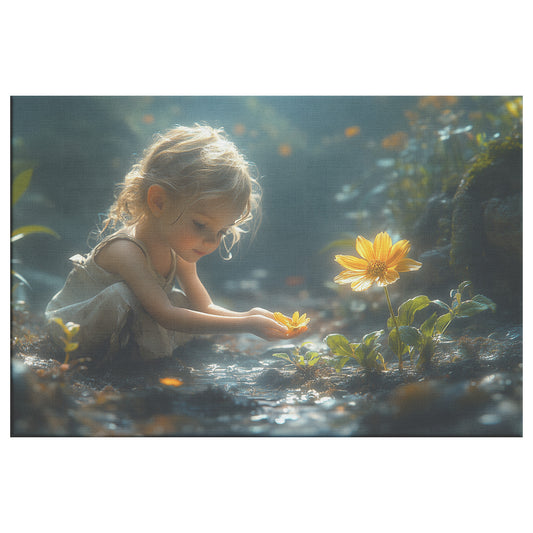 A Little Girl Picking Yellow Flowers in a Stream Bathed in Sunlight  Christian Canvas Art Depicting Innocence Peace and Divine Beauty - Awakening Righteousness