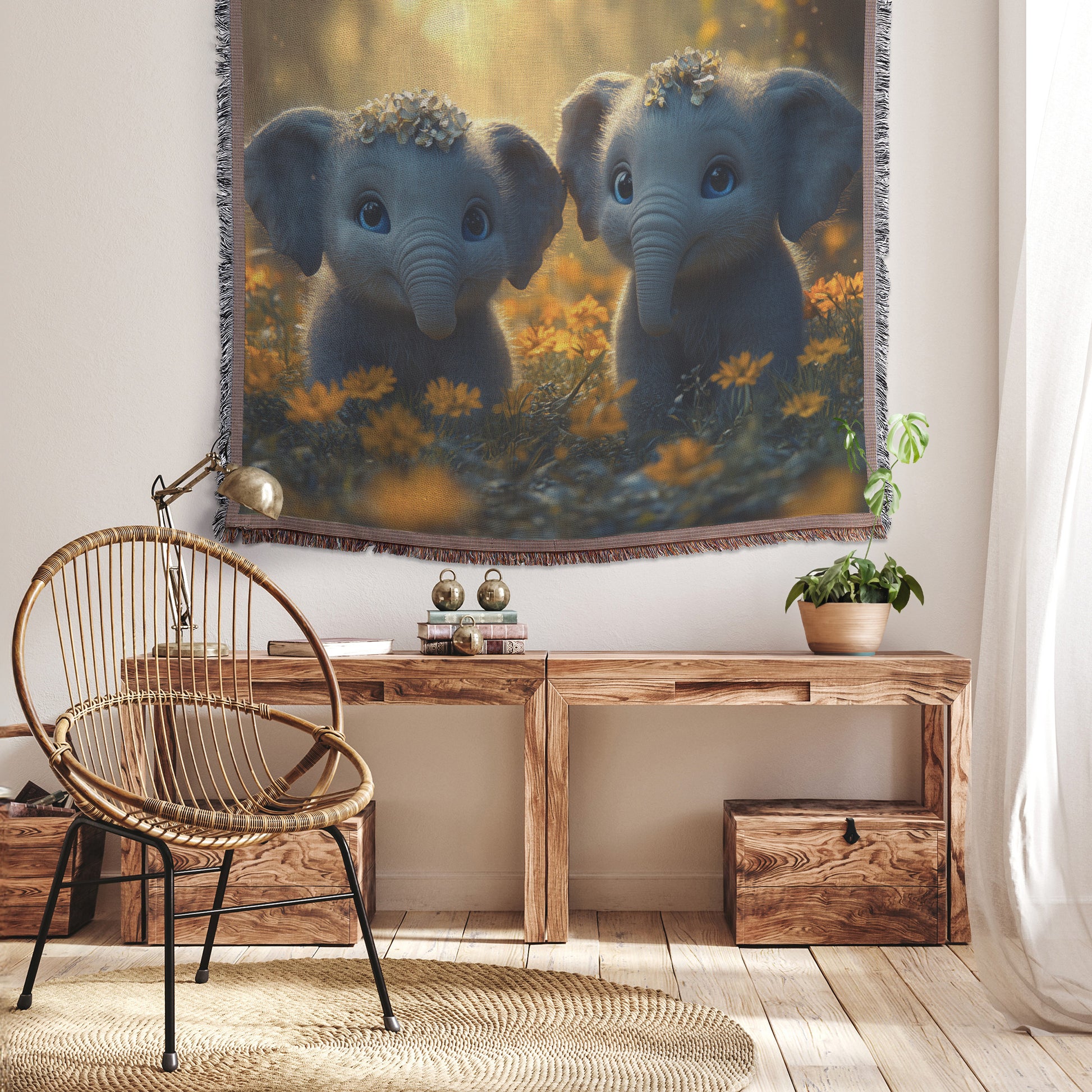 Adorable Baby Elephants Woven Throw Blanket with Flower Crowns and Sunset Glow - Awakening Righteousness