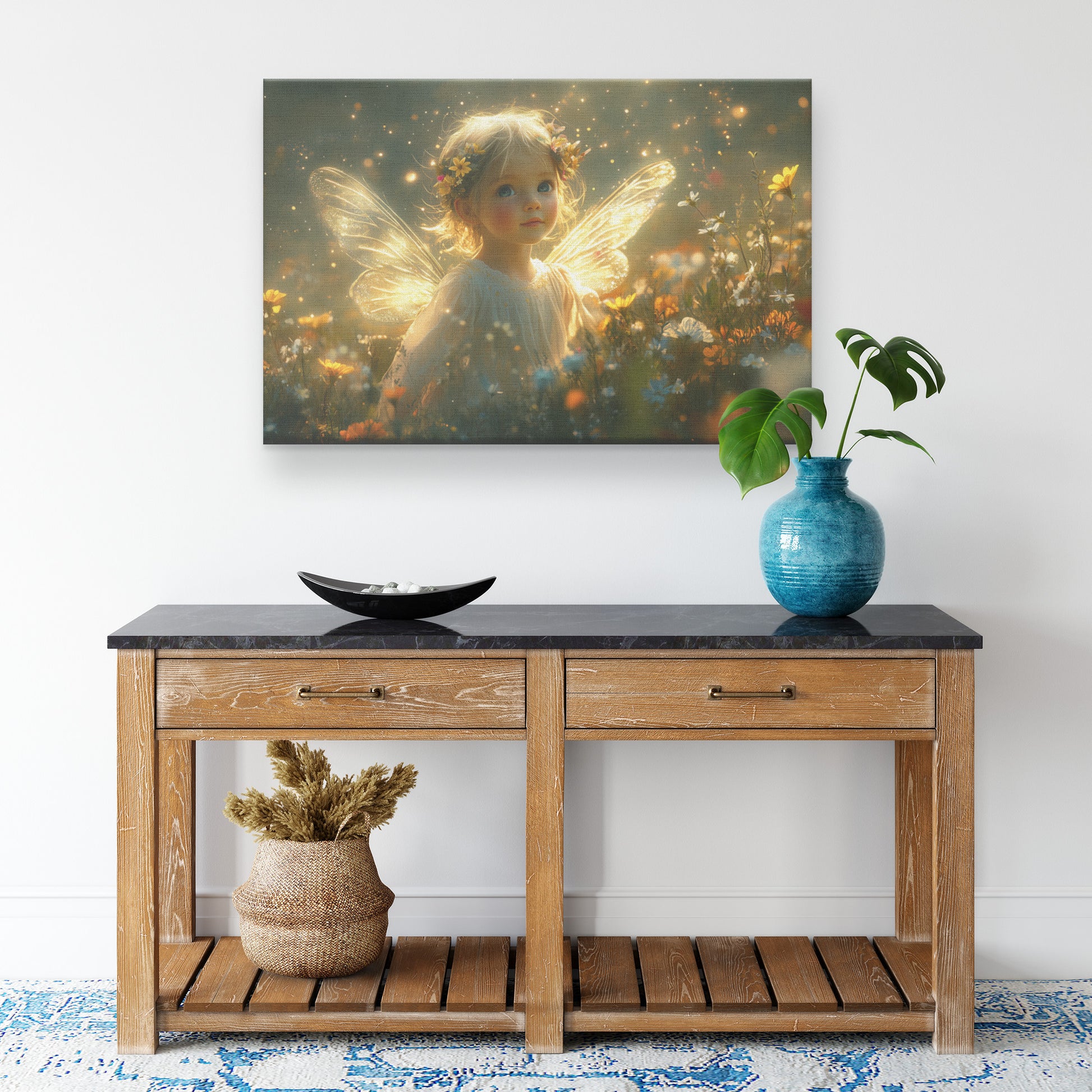 Adorable Fairy Winged Girl Surrounded Flowers in Golden Light  Enchanting Christian Canvas Wall Art for Nursery Living Room or Home Decor - Awakening Righteousness