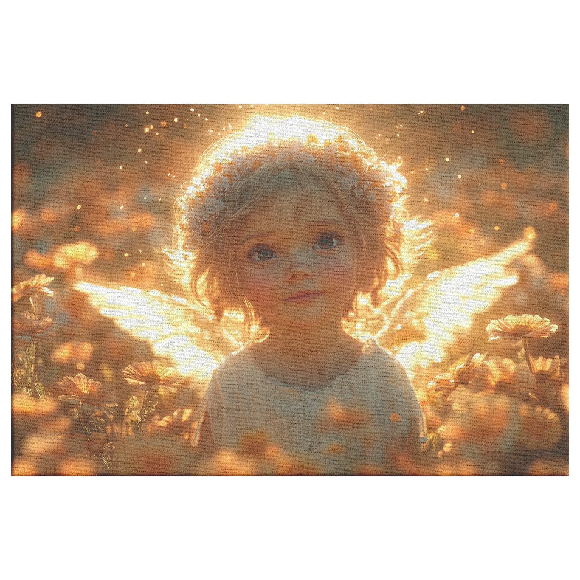 Adorable Little Angel Girl with Big Eyes White Wings and Flower-Adorned Hair Surrounded Golden Light  Dreamy Christian Canvas Wall Art for Nursery Living Room or Home Decor - Awakening Righteousness
