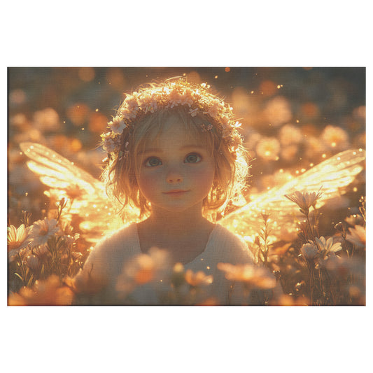 Adorable Little Angel Girl with Blonde Hair and Glowing Wings in the Garden of Light  Christian Canvas Art Serene Beauty Heavenly Peace Warm Dreamy Atmosphere Divine Innocence - Awakening Righteousness