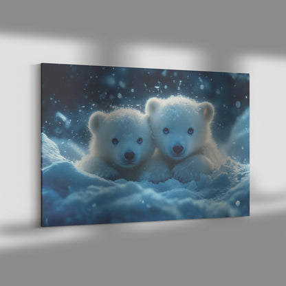 Adorable Polar Bear Cubs with Blue Eyes Playing in Snow Winter Canvas Wall Art for Home Decor - Awakening Righteousness