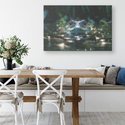 Alligator Head Emerging from Water with Sparkling Eyes Surrounded Lush Greenery Canvas Wall Art - Awakening Righteousness