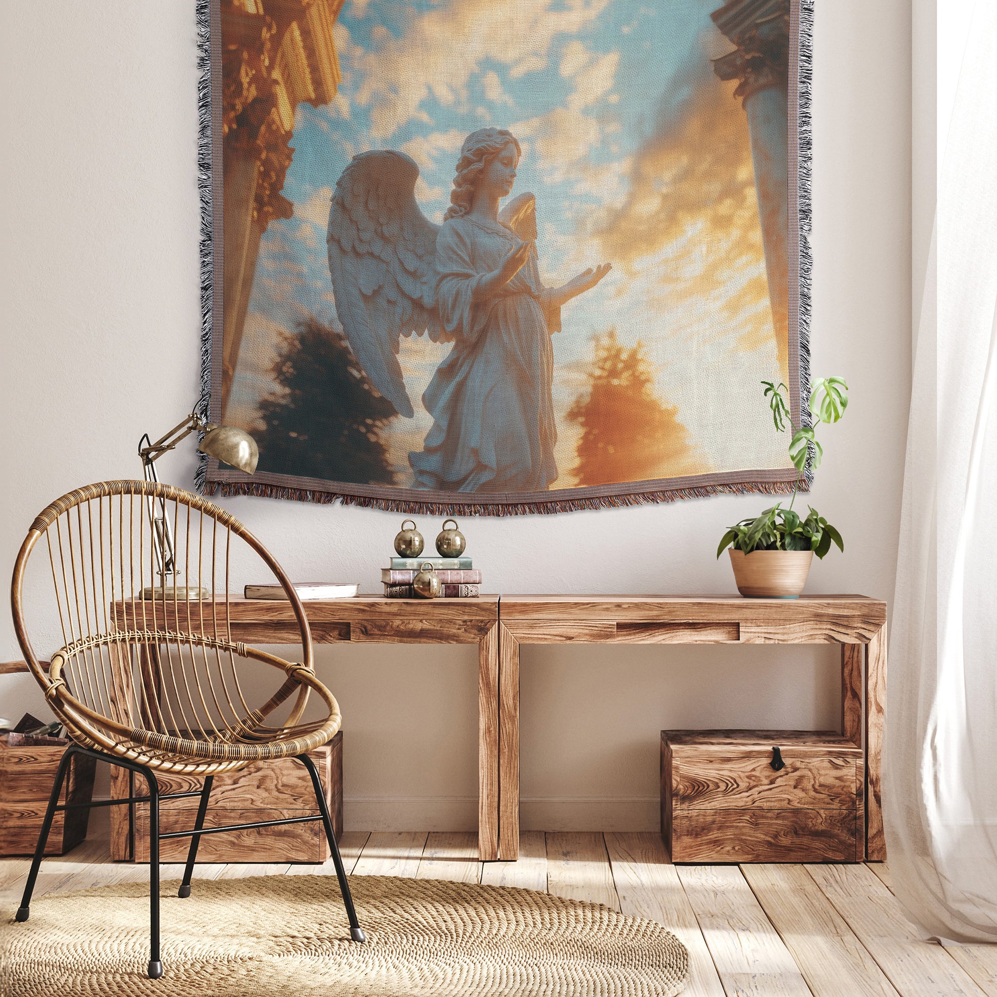 Angelic Statue with Outstretched Wings at the Entrance Bathed in Golden Light  Christian Woven Throw Blanket for Divine Peace and Spiritual Reflection - Awakening Righteousness