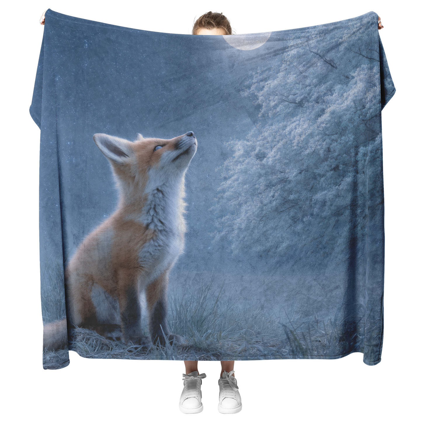 Baby_Fox_Howling_Softly_At_Moon_Under_Gl_H_Blanket_Model_Mockup.png